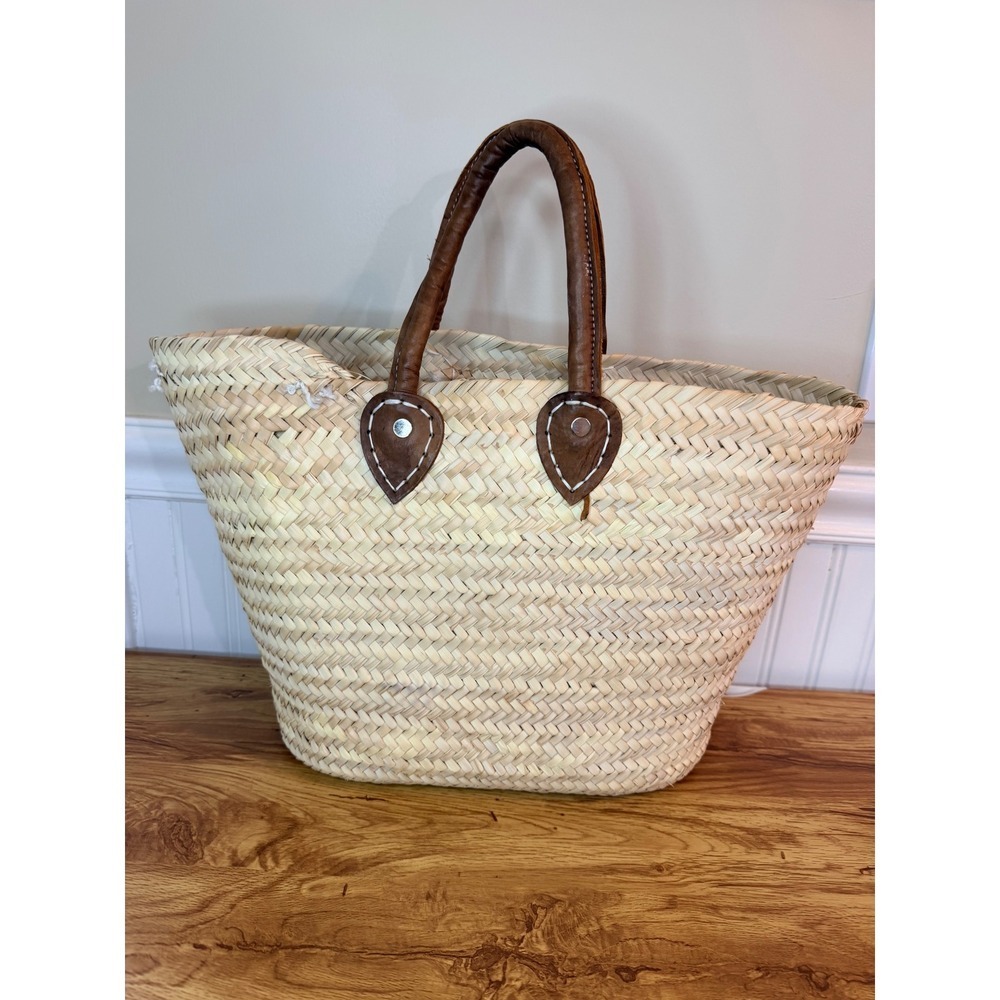Poolside Medium Beach Tote Straw Basket Bag Embroidered Word Blue Tan Medium - Picture 13 of 16